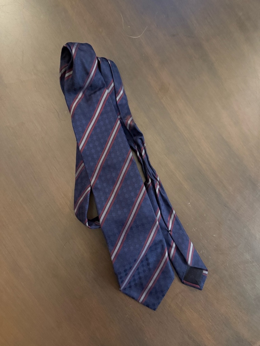 Gucci Navy Tie with Burgundy and Gray Diagonal Stripes